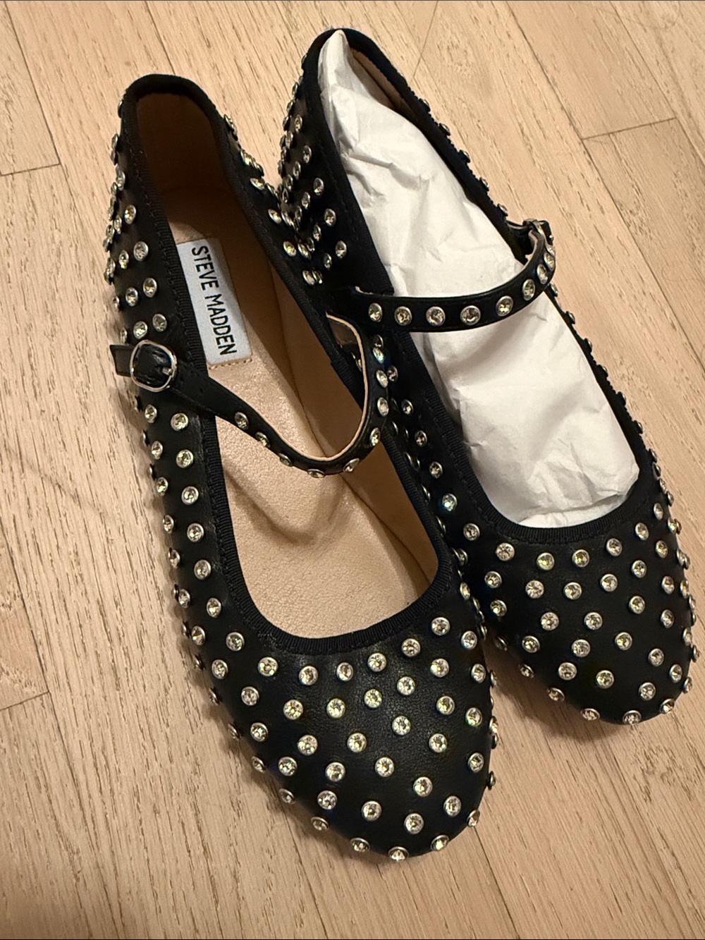 Steve Madden Black Studded Mary Jane Flats with Metallic Rivets